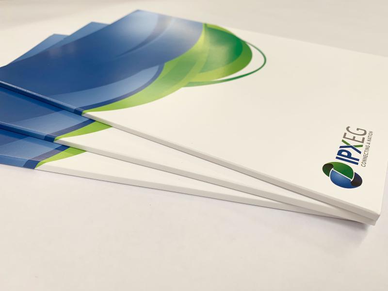 Image of blue, white and green printed professional, corporate presentation folders by The Print Room, Bolton
