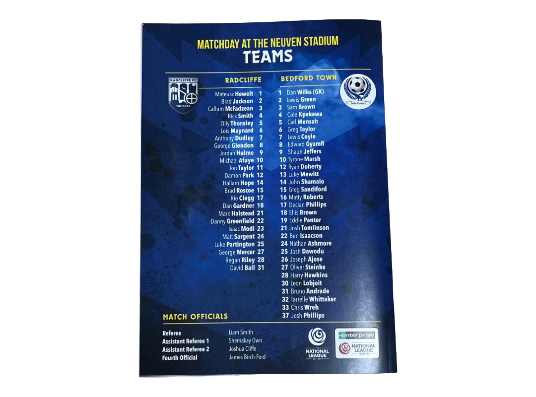 Radcliffe FC team sheet on the back cover of the football teams printed matchday programme