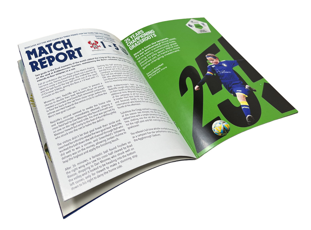 Inside pages of a football matchday programme, including the matchday report and an advertisement