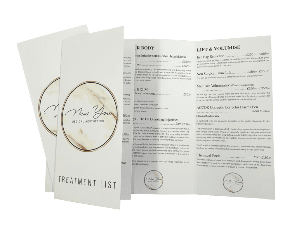 Image of a crystal-clear, black and white leaflet for a medical aesthetics company in Greater Manchester, printed by The Print Room