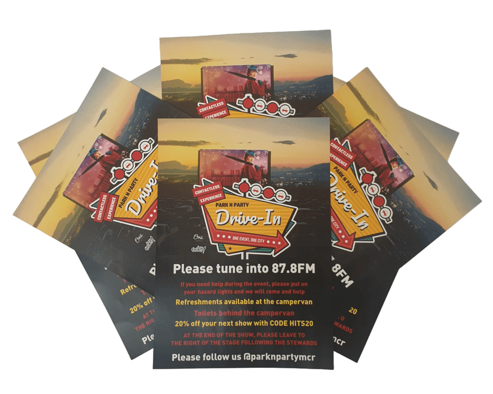 Image of a colourful, crystal-clear leaflet advertising a drive-in event in Manchester